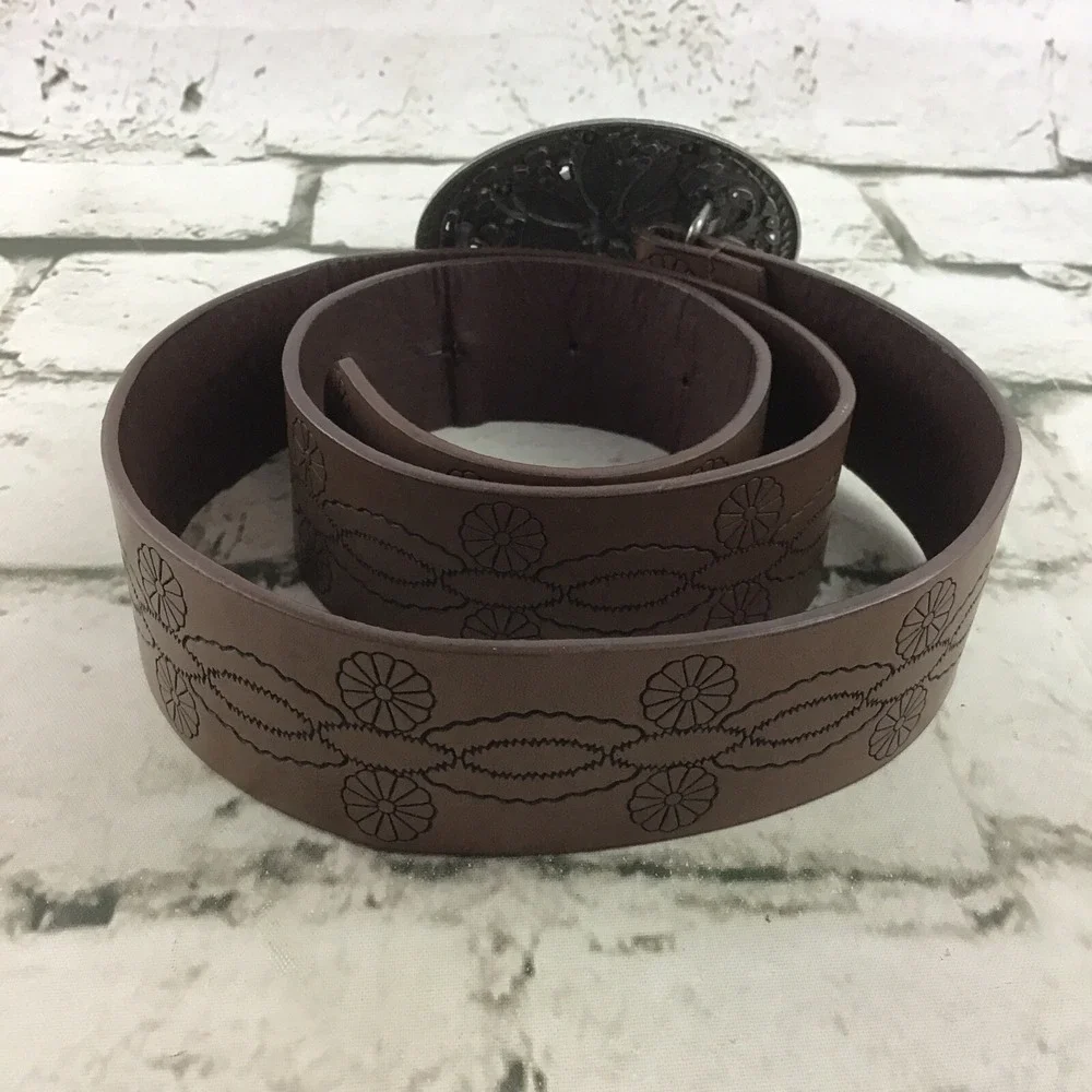 Womens Sz 3 Belt Brown Faux Leather Floral Turqoise Buckle Fashion Fits 27-31.5